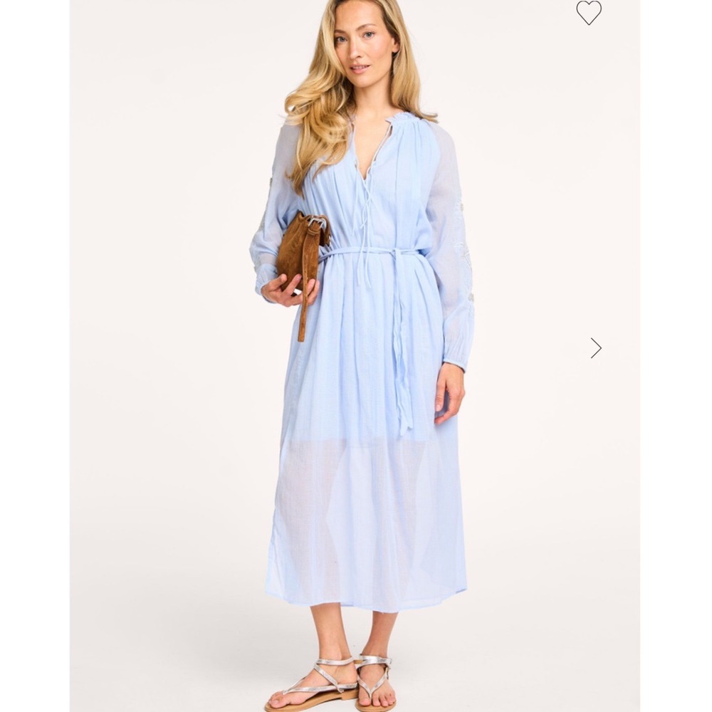 Louise Misha Dress Women 40 Lt Blue Midi Boho Embroidered Long Sleeve Tie Waist